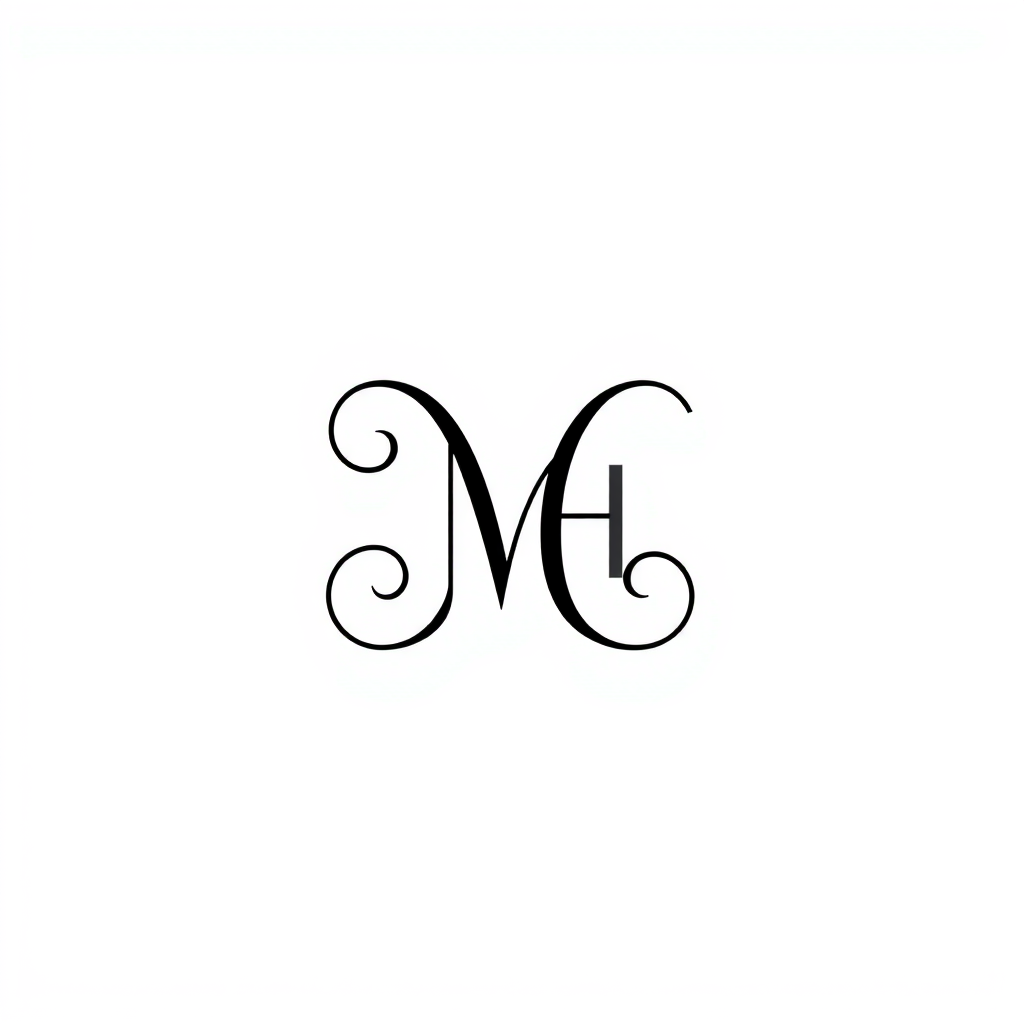 Monogram Logo idea: monogram logo combining the letters MH , elegant intertwined letterforms, flat vector logo, centered, solid white background, high contrast, luxury br