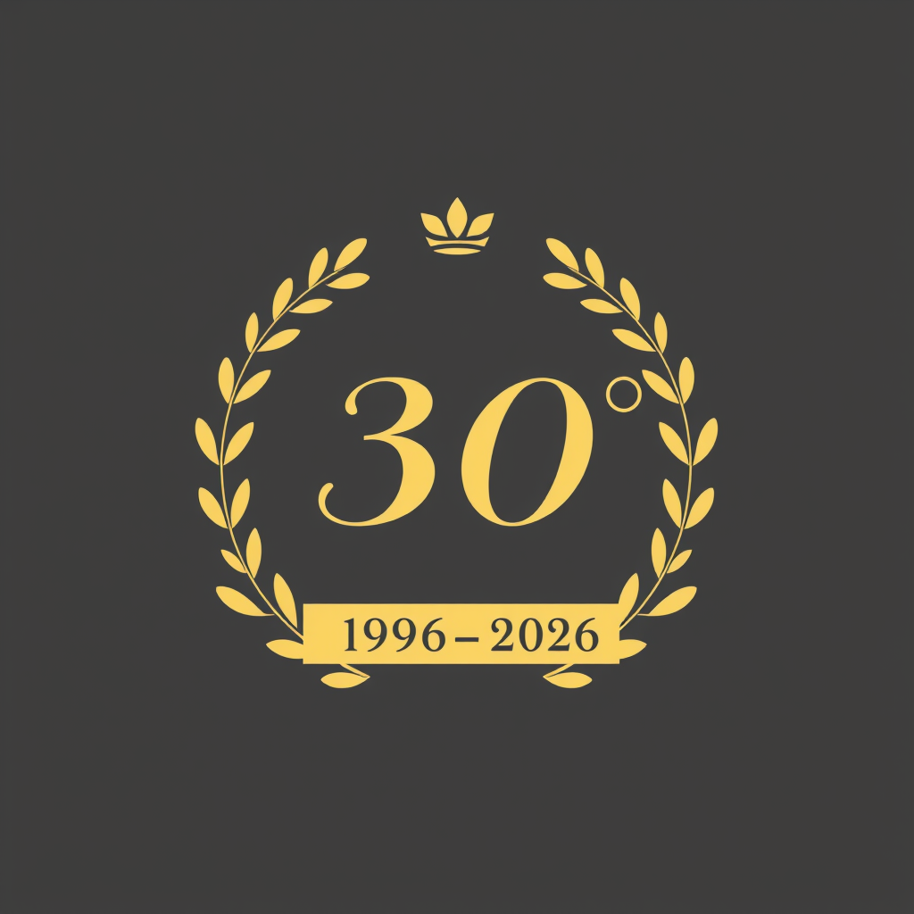 Main logo studio: Logo celebrativo elegante e moderno per azienda italiana di assistenza caldaie, 30° anniversario. Integrare il numero 30 nel logo, con “1996–2026”. St