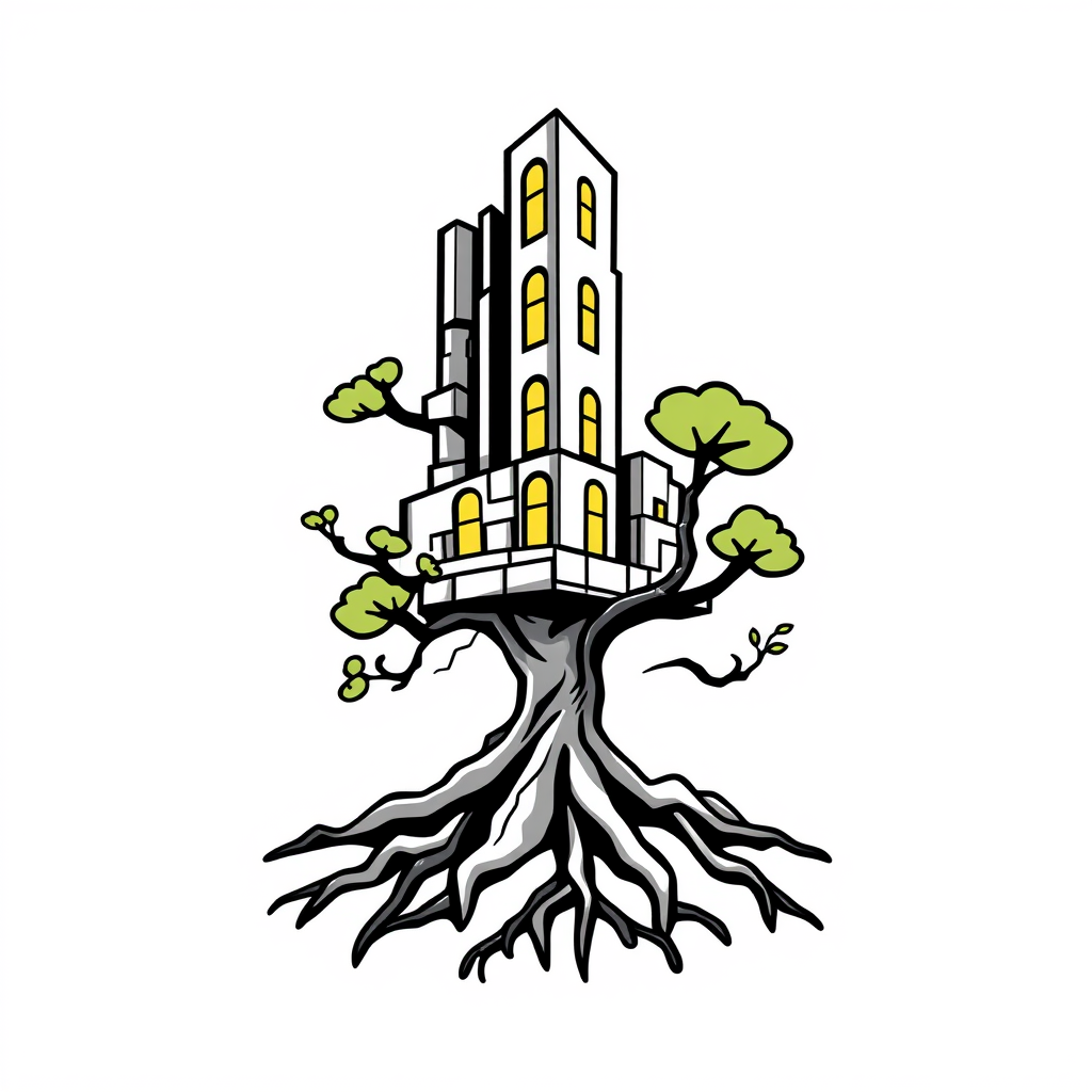 Cartoon Logo idea: cartoon style logo for “} A single architectural symbol where ruined walls transform into roots and gradually become a futuristic building shaped like
