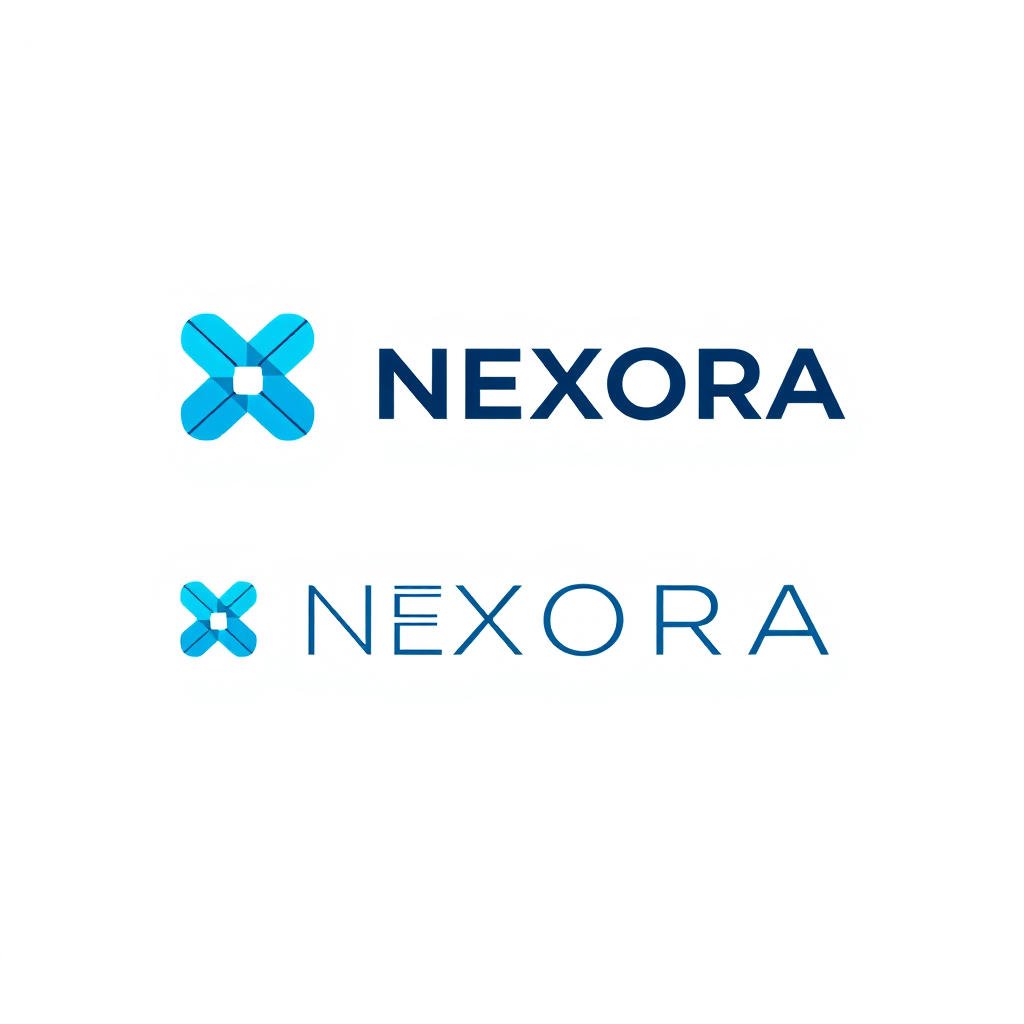 Main logo studio: Create a finished professional logo for a fictional technology company named “NEXORA”. Design a unique futuristic abstract symbol representing innovat