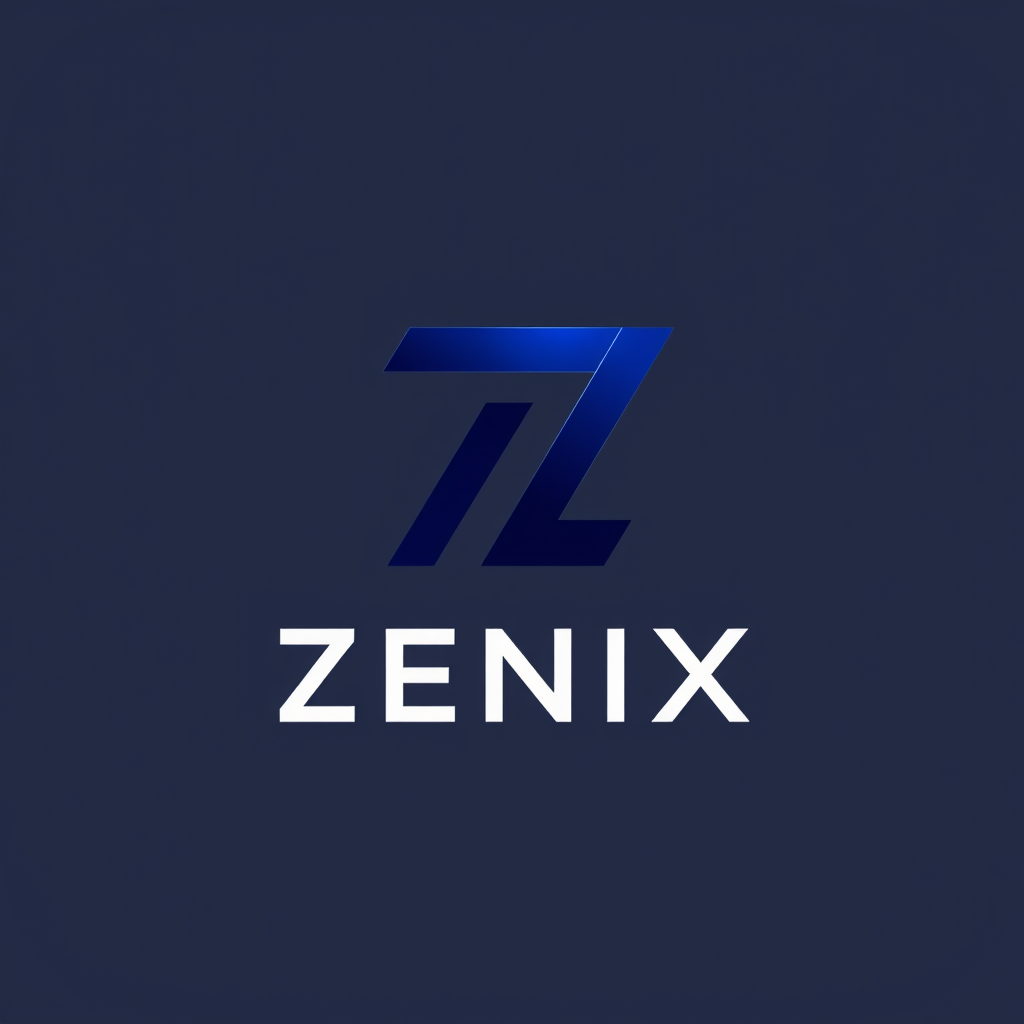 Main logo studio: Design a premium futuristic logo for "ZENIX", a global technology brand creating AI apps, software, SaaS and games. Create a unique abstract geometric