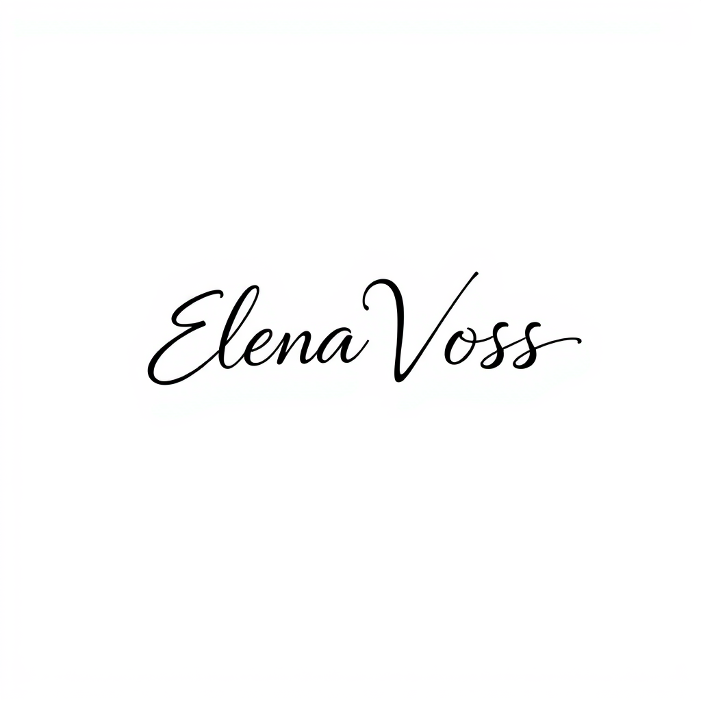 Signature Logo idea: signature logo of the name Elena Voss, a fashion designer, flowing cursive with a long tail flourish, black ink , elegant handwritten calligraphy, flo