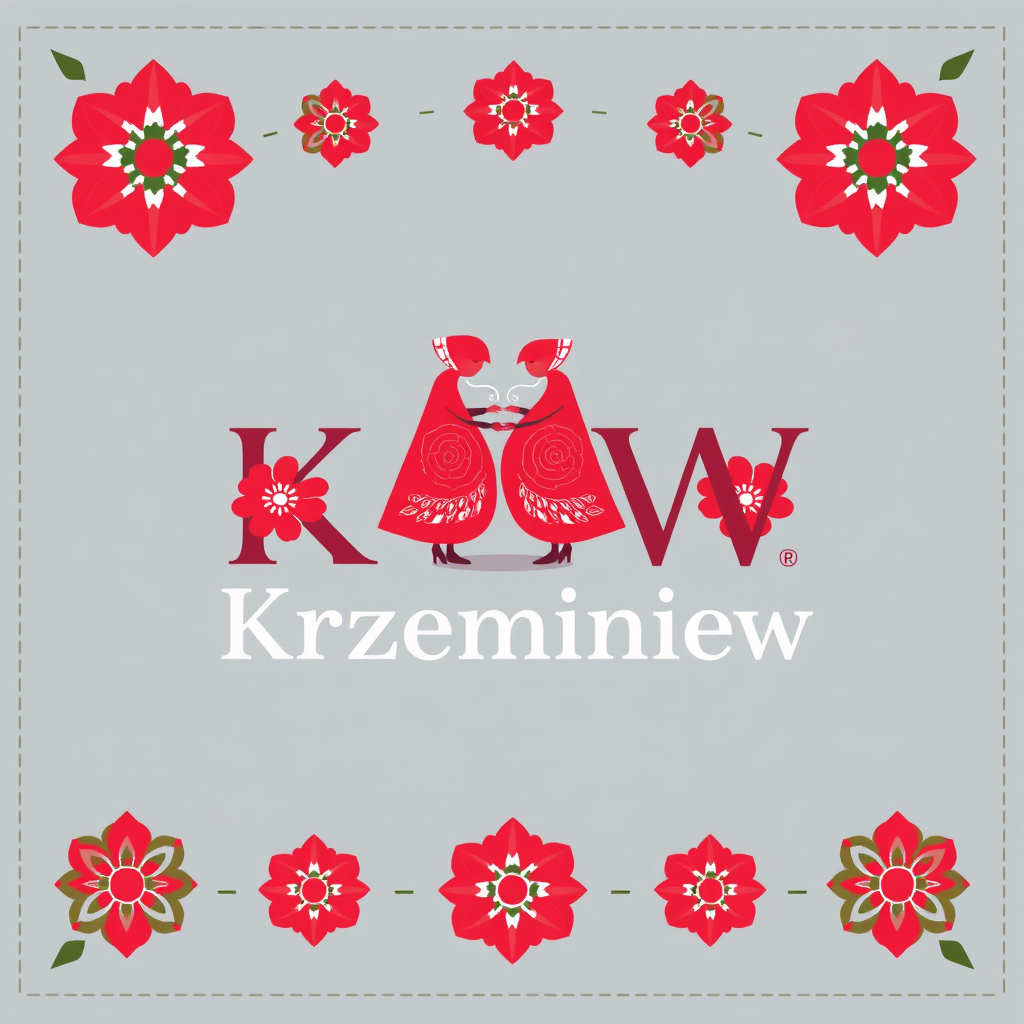 Main logo studio: Stwórz kolorowe, radosne logo dla „KGW Krzemieniew”. Polski folklor inspirowany wzorami łowickimi. Uwzględnij czerwone róże i zielone listki. Dodaj st
