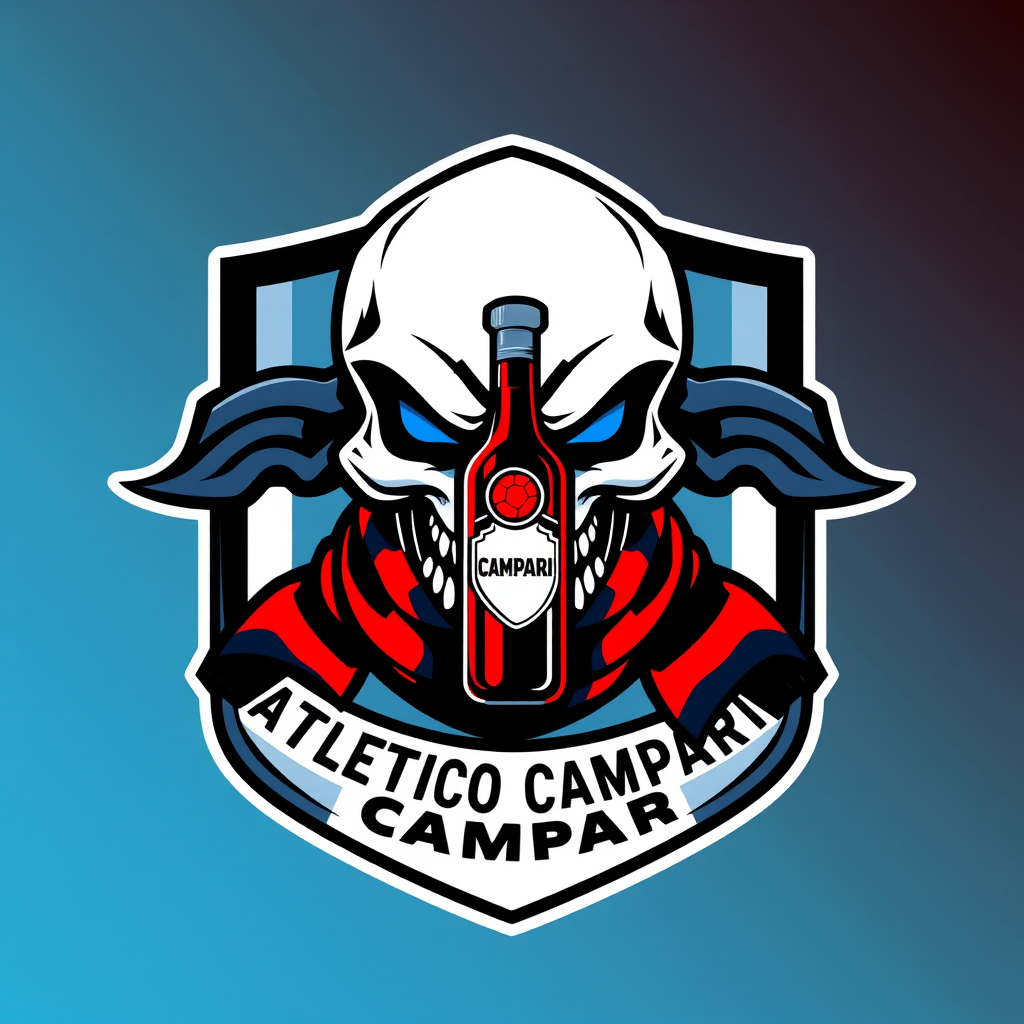 Main logo studio: Football team crest for “ATLETICO CAMPARI”, aggressive stylized skull wearing a football scarf, small Campari bottle integrated into the emblem, domin
