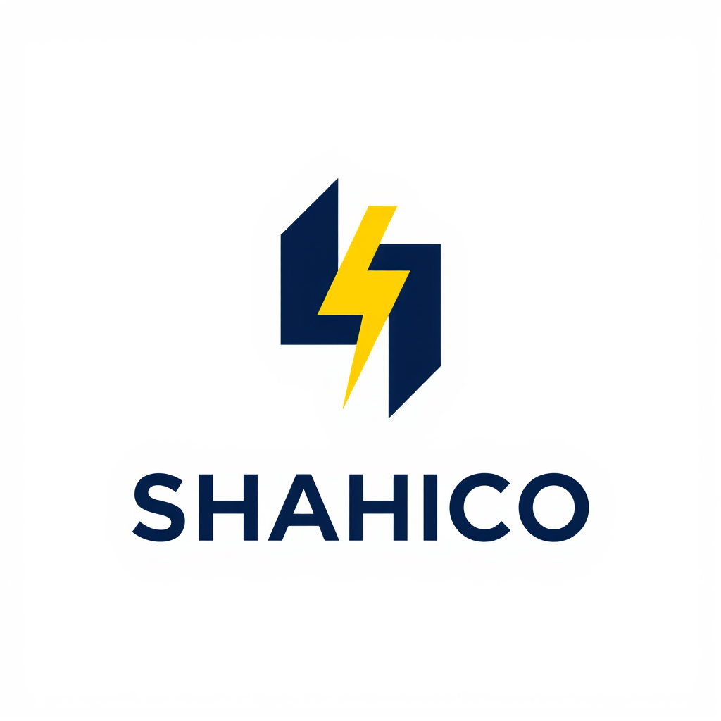 Main logo studio: Create a highly distinctive logo for "SHAHICO". Build an abstract geometric monogram using S and H, subtly inspired by electrical circuits and energy
