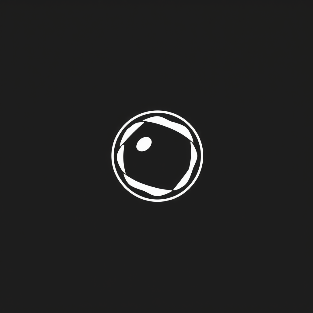 Minimalist Logo idea: minimalist logo, simple geometric mark for Minimalist round camera lens icon only, no camera body. Perfectly circular white lens, simple clean geometr