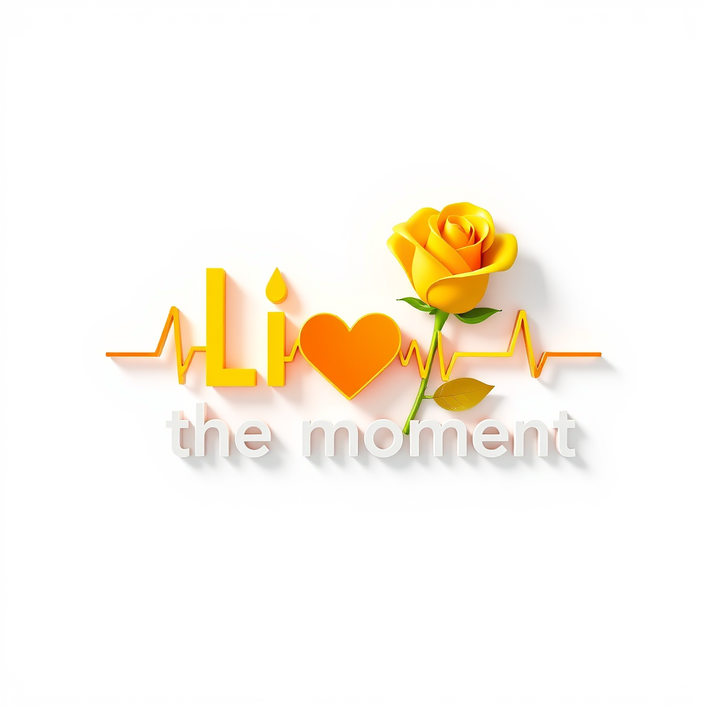 3D Logo idea: 3D logo for Live in the moment logo With a yellow rose, a heart beat line Bright colours, healing and strength , three-dimensional render, realistic d
