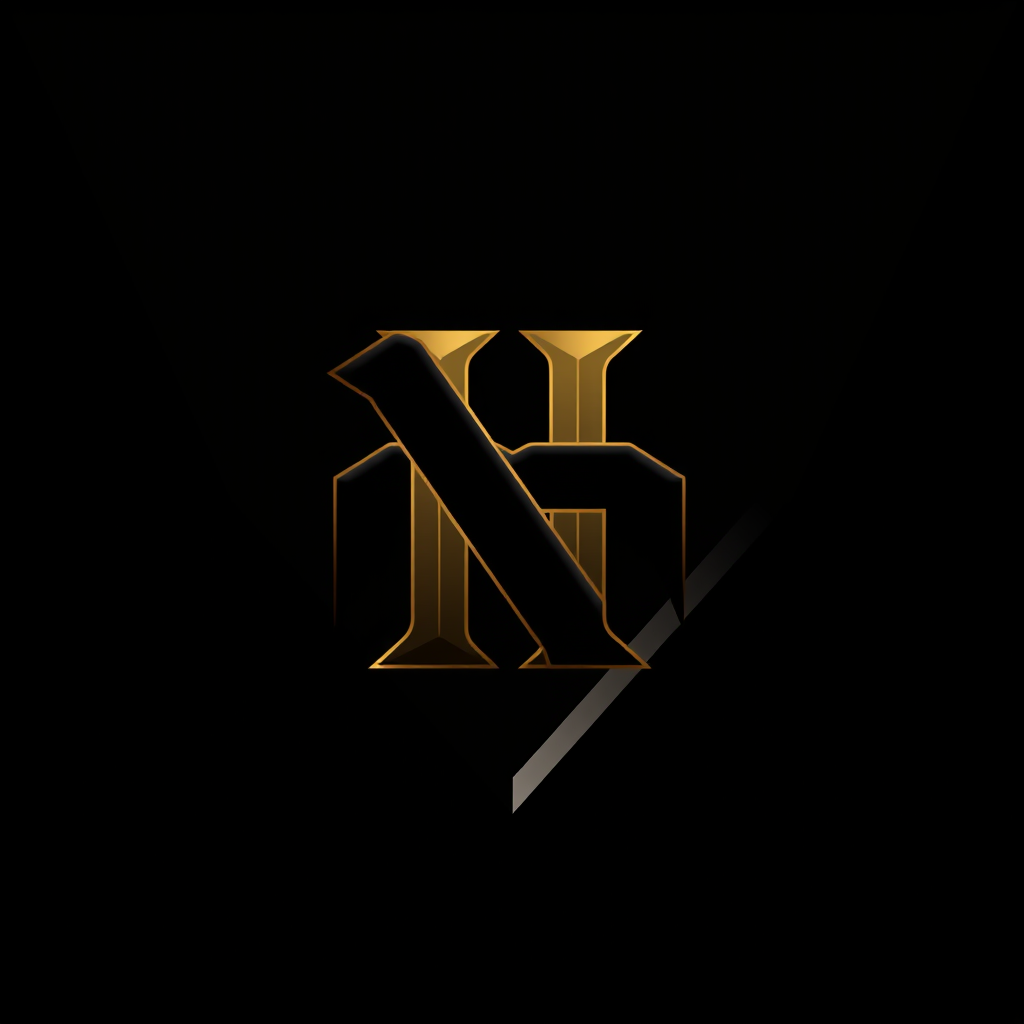 Lettermark Logo idea: lettermark logo of the letters N and H, a online gaming startup, Intertwined and mysterious letters, dark black and light golden. Black background. Sh