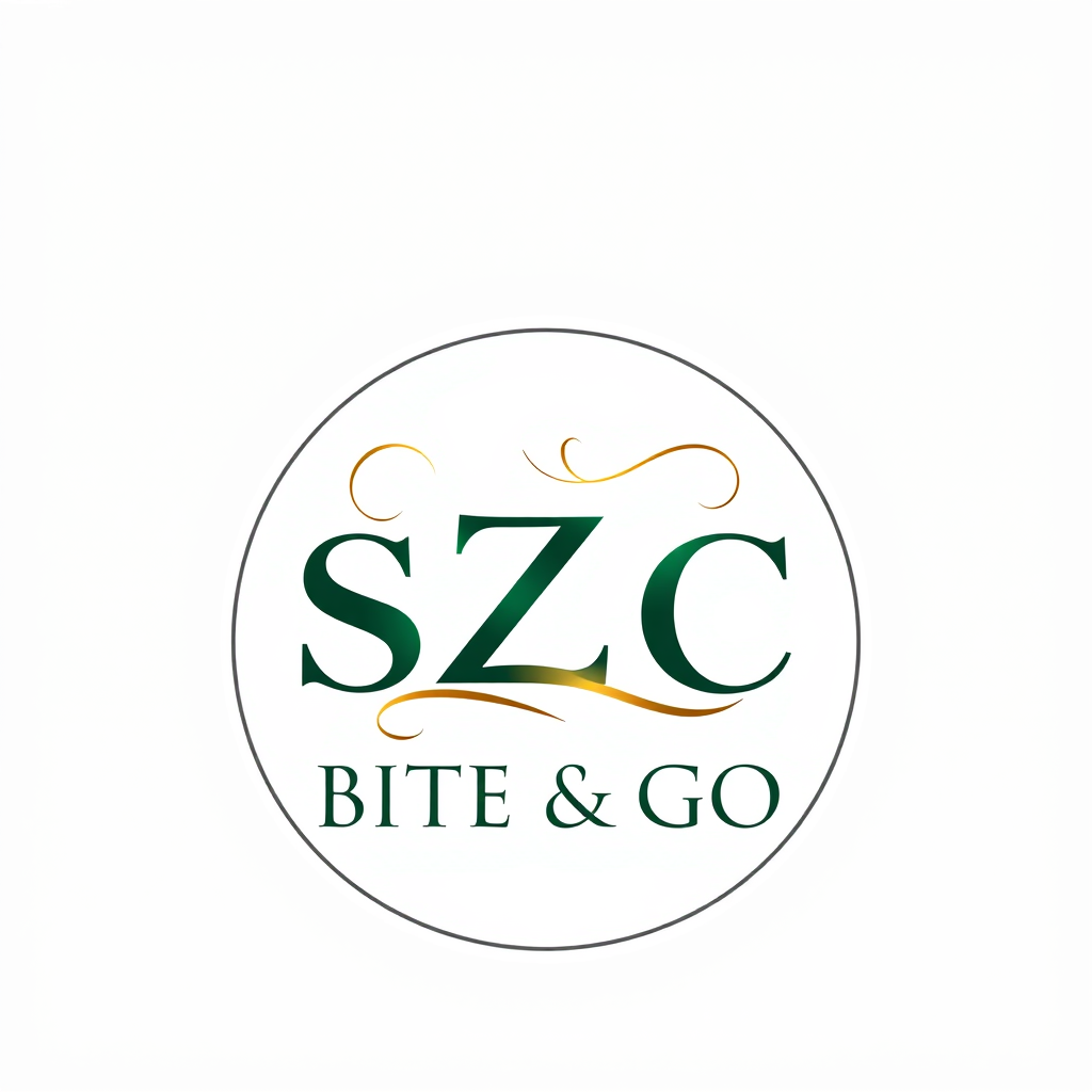 Main logo studio: SZC BITE & GO premium logo, elegant circular emblem with a refined SZC monogram. Beautiful sophisticated script lettering for BITE & GO. White backgro