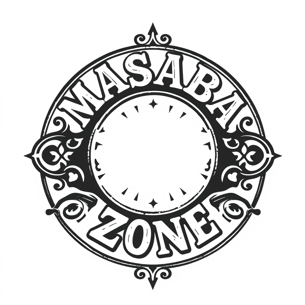Vintage Logo idea: vintage retro logo for MASABA ZONE , classic retro design, aged typography, hand-drawn vintage illustration style, ornamental flourishes, weathered te