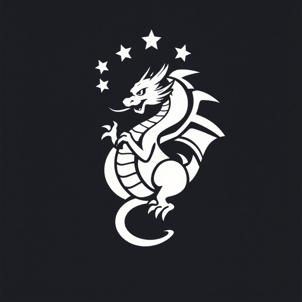 Main logo studio: Créer moi un logo sport avec un dragon comme mascotte, le logo sera doré et blanc, et en haut alignés et de la même couleurs et taille, 4 étoiles doré