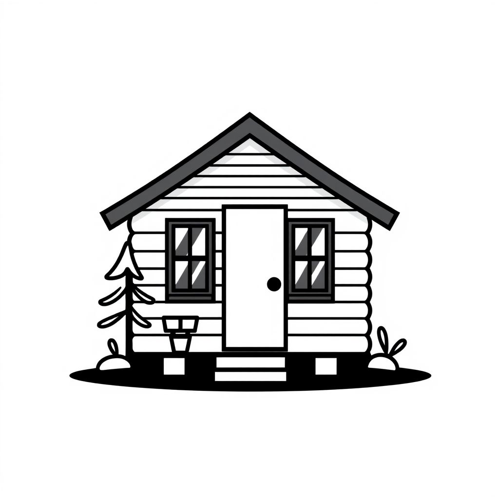 Cartoon Logo idea: cartoon style logo for 462”} 2D front-view minimalist logo of a small cozy modern cabin with a tiny pine tree beside it. Flat symmetrical composition,