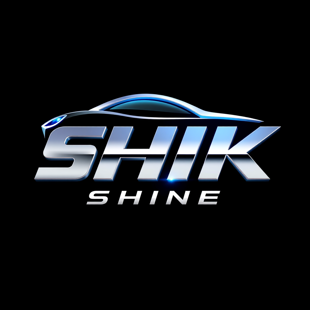 Main logo studio: SHIK SHINE — premium square profile logo, sleek car shape integrated with bold typography, SHINE with a glossy light-reflection effect, black and chro