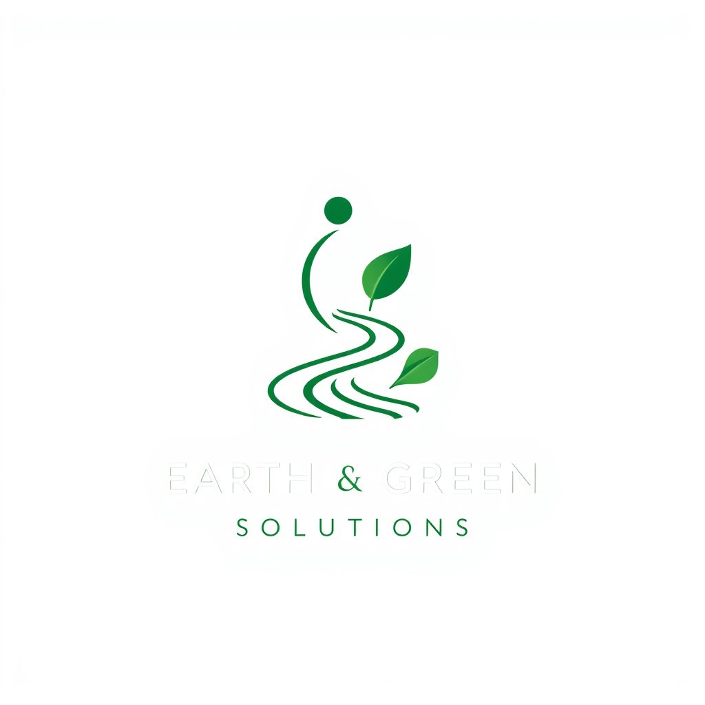 Main logo studio: Premium minimalist logo for “EARTH & GREEN SOLUTIONS”. Create a unique abstract line-art symbol combining a human figure, a water stream and a growing