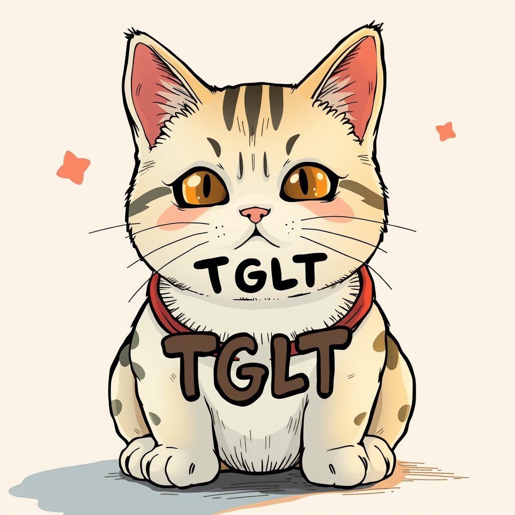 Main logo studio: shows “TGLT” on a manekineko cat in the style of manga dragon ball z