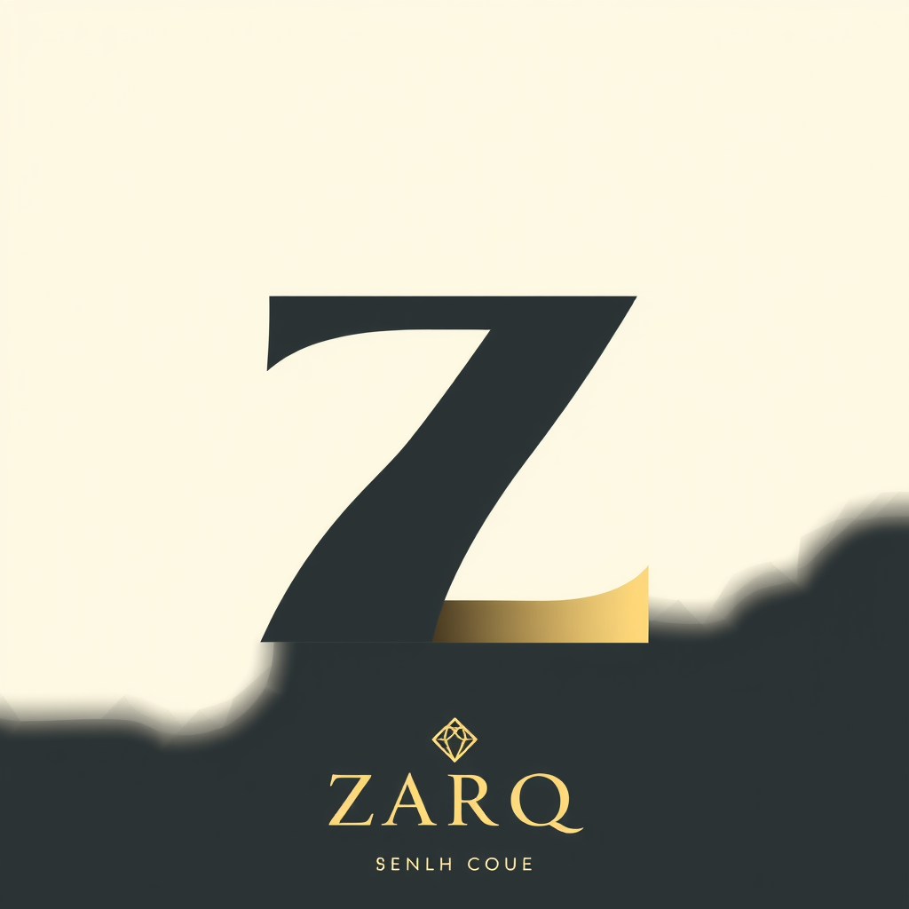 Main logo studio: Iconic **ZARQ** logo, one continuous abstract sculptural symbol, sharp architectural break + smooth curve, unusual silhouette, negative space, subtle 