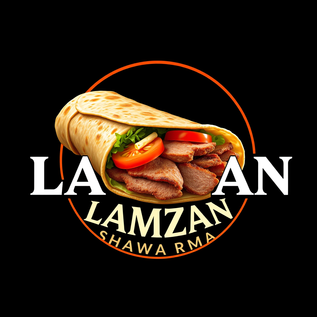 Main logo studio: Create a premium, realistic logo for a shawarma restaurant named “شاورما خودمونی لمزان” (LAMZAN SHAWARMA). MAIN VISUAL: A highly realistic, mouth-wate