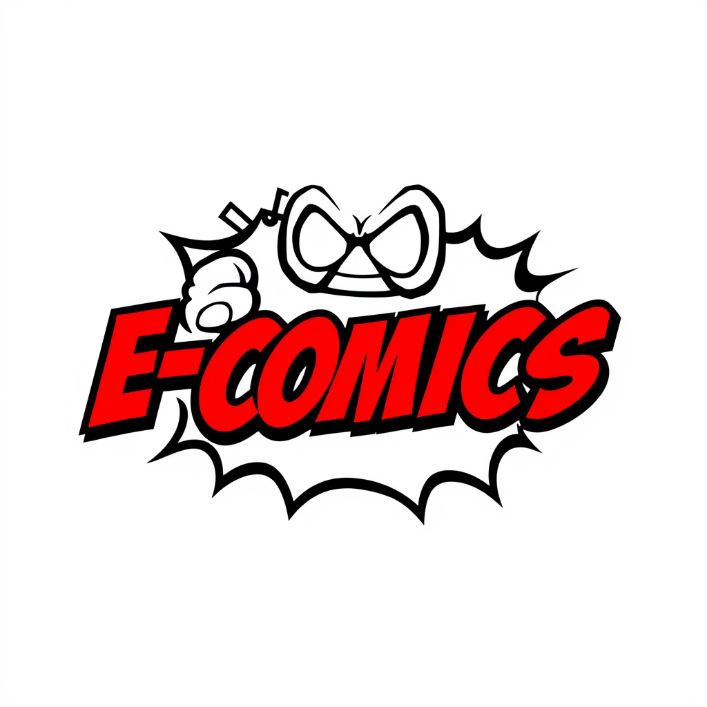 Main logo studio: a comic logo called e comics with a marvel comic book as the mascot with black white and red coloured theme
