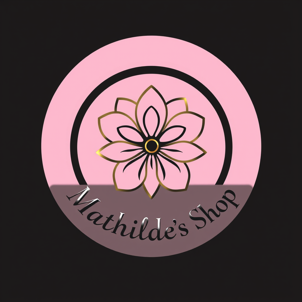Main logo studio: Elegant jewelry shop logo, one-line flower inside a circle, pink, black and gold, cute and luxurious. Text: “Mathilde’s Shop” the tekst is undre and i