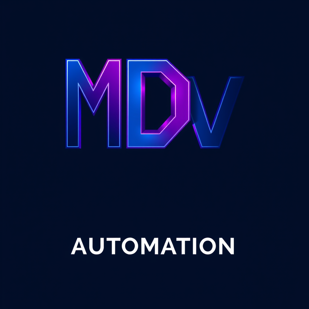 Main logo studio: Premium MDV Automation logo. Create M+D+V as ONE completely fused monogram, with all three letters touching and interlocking into a single solid symbo