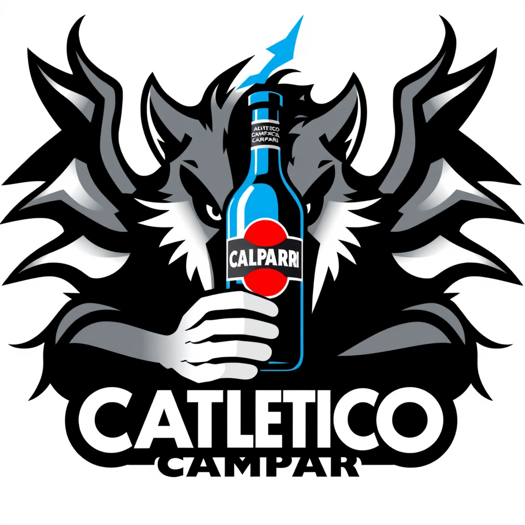 Main logo studio: Stemma per la squadra di calcio "ATLETICO CAMPARI": teschio stilizzato dall'aspetto aggressivo che indossa una sciarpa da tifoso, piccola bottiglia di