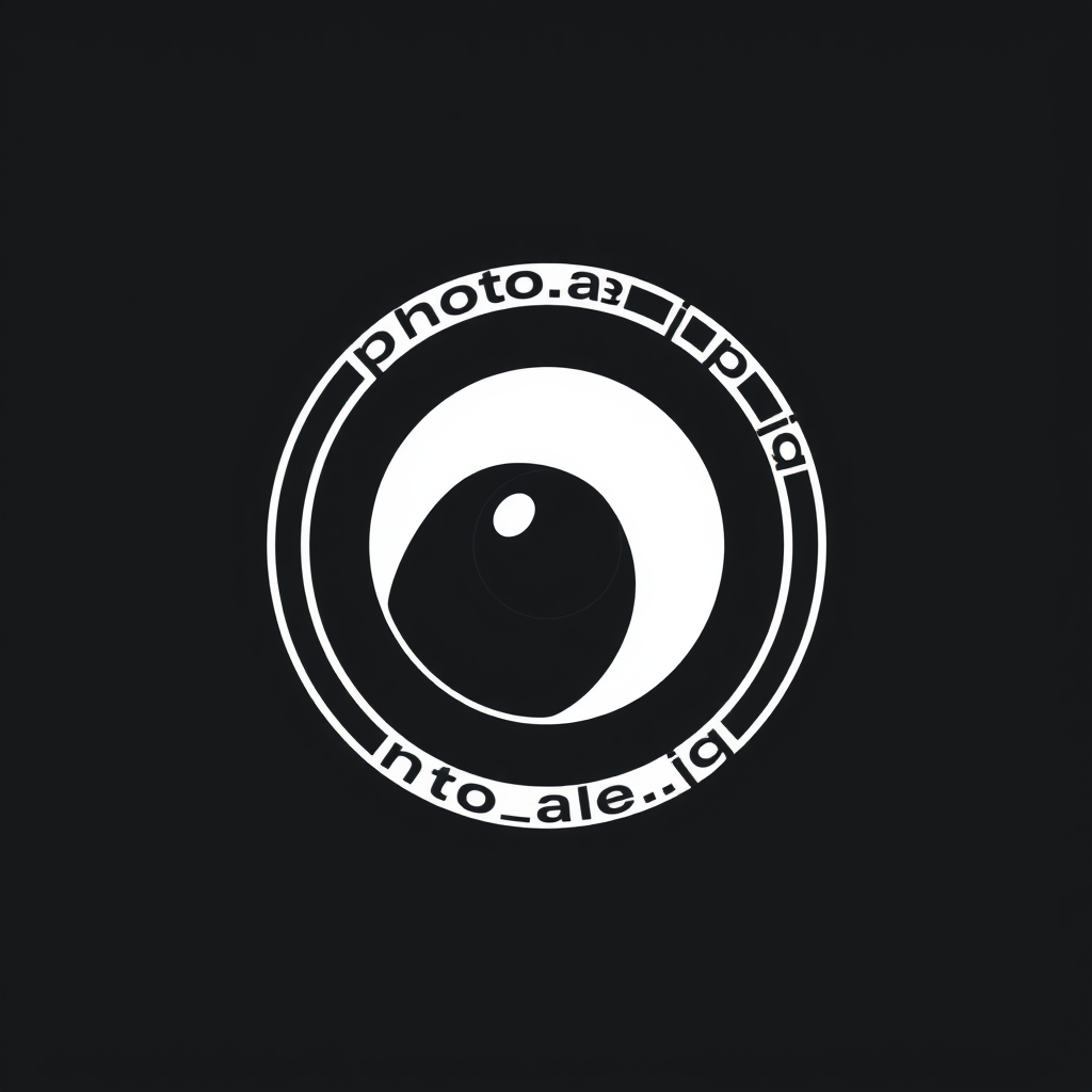 Minimalist Logo idea: minimalist logo, simple geometric mark for Minimal round white camera lens, 2 clean rings, black background, no camera body. MUST include the exact te