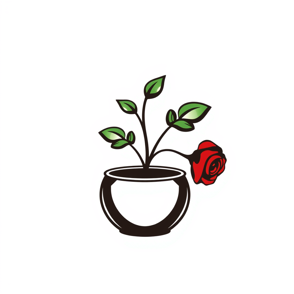 Main logo studio: Make a logo of a pot and red rose with a white background