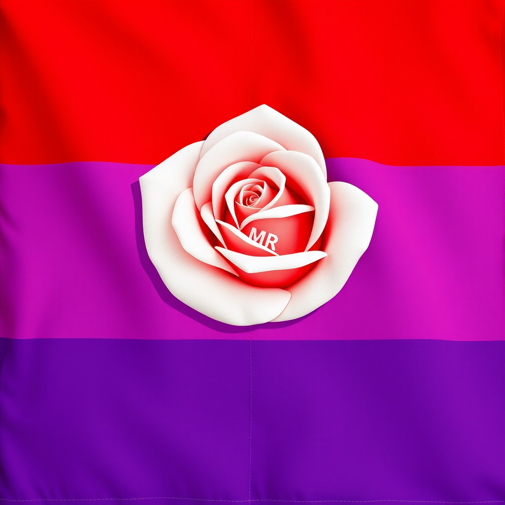 Main logo studio: flagge mit rot und lila mit einer weißen rose und die buchstaben MR drauf