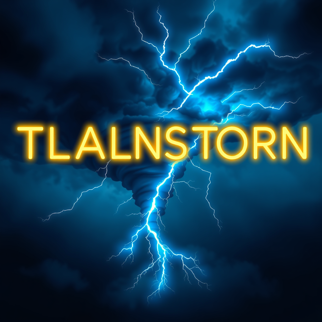 Main logo studio: flash stormer aufschrift drei farbig lila neongelb dunkelblau tornado bestehend aus blitzen mehr blau ohne sterne mit mehr blitzen flash stormer aufsc