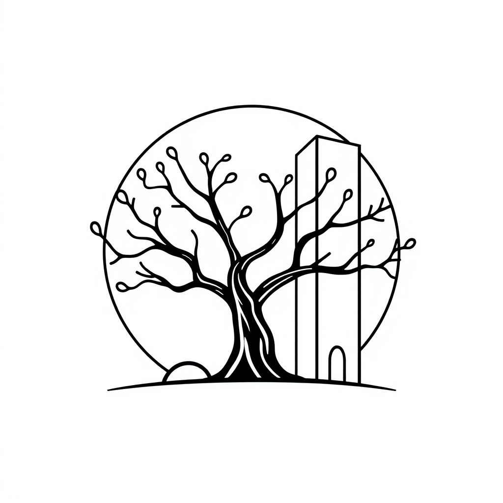 Cartoon Logo idea: cartoon style logo for “} Minimalist anime-inspired architecture logo, a dreamy tree merging with abstract building geometry, symbolizing dreams and c