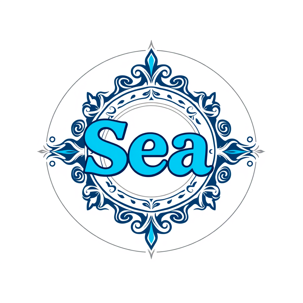 Emblem Logo idea: emblem logo of make the name sea but it looks like the back of a soccer jersey name but make it sea blue but with no circle thing behind it , intricat