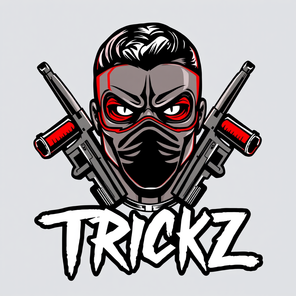 Main logo studio: “TRICKZ, Streetwear group logo, Pablo Escobar with half mask, piercing eyes, toy guns and subtle elements of death or tryhard, crimson, aggressive gra