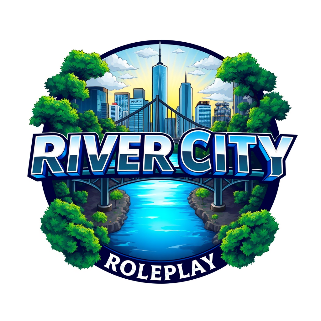 Main logo studio: Design an exceptionally detailed, premium illustrated gaming community logo for "RIVER CITY ROLEPLAY". ART DIRECTION: Create a sophisticated, richly i