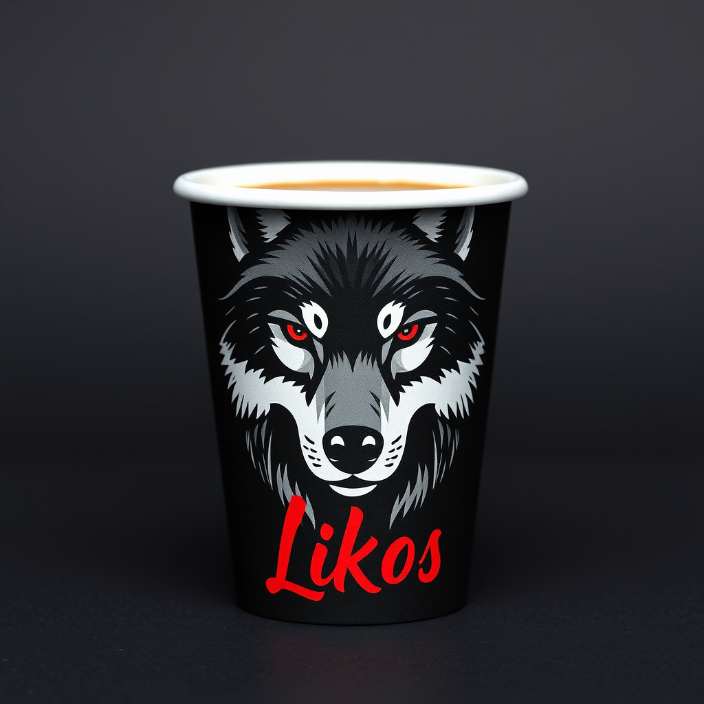 Main logo studio: USE HALF FACE WOLF AND BESIDE IT WRITE Lýkos>>ON PAPER COFFEE CUP THE CUP IS IN BLACK COLOR AND LOGO AND WRITTEN Lýkos IN RED COLOR
