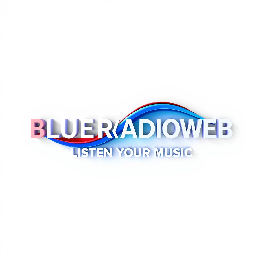3D Logo idea: 3D logo for BLUERADIOWEB LISTEN TO YOUR MUSIC wave form white blue red , three-dimensional render, realistic depth and shadows, glossy or metallic sur