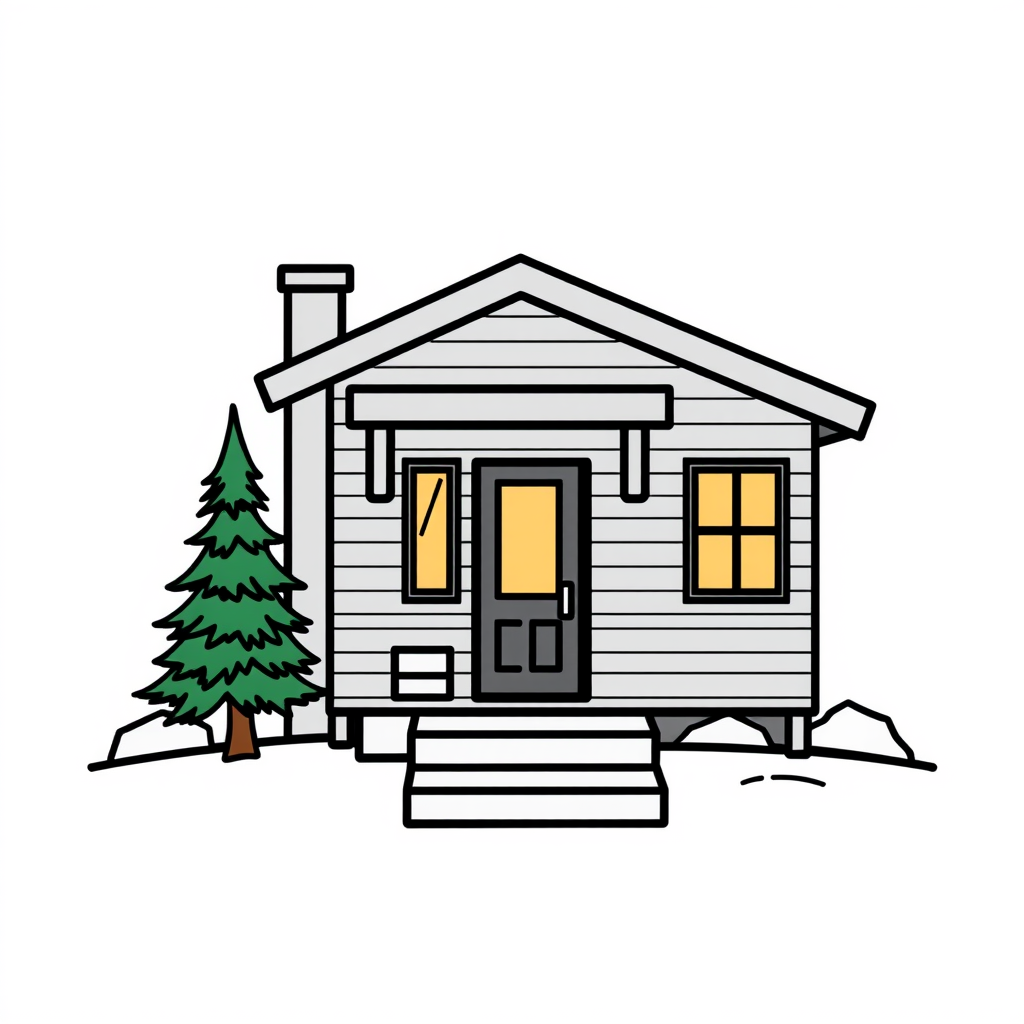 Cartoon Logo idea: cartoon style logo for 73”} Professional 2D architectural logo, front elevation of a compact modern cabin with a small pine tree beside it. Refined ge