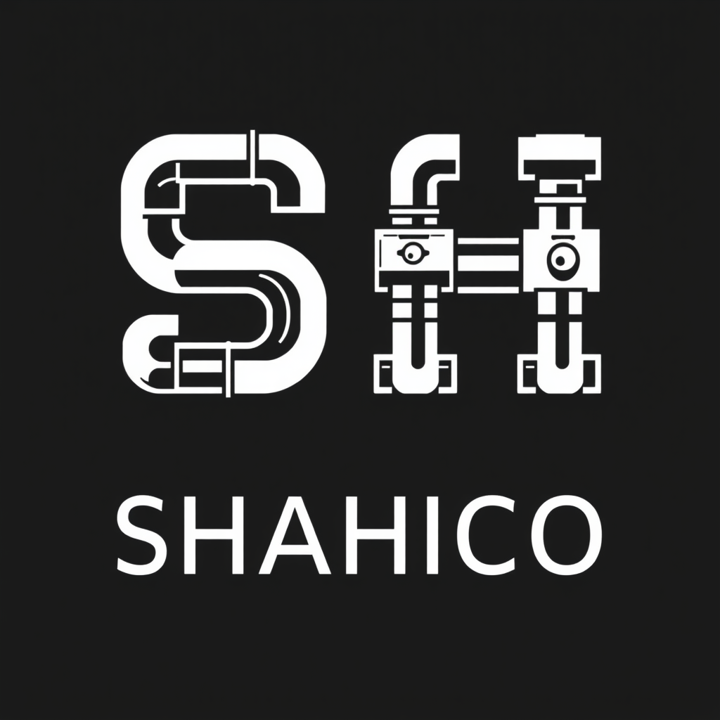 Main logo studio: Create a professional engineering logo for "SHAHICO". Design the first "S" and "H" as custom letterforms inspired by industrial piping, pipe fittings,