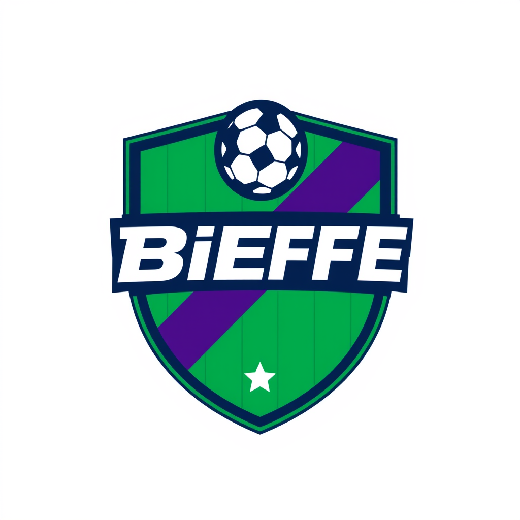 Main logo studio: Create a professional football club crest logo for a fantasy football team called "BiEffe". Main colors green and purple (witsh vertical stripes), mod