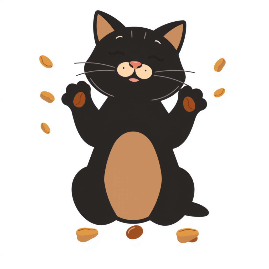 Main logo studio: Black cat sitting upright, natural cat anatomy, playfully throwing brown beans with both front paws. The beans are visibly leaving the paws and fallin