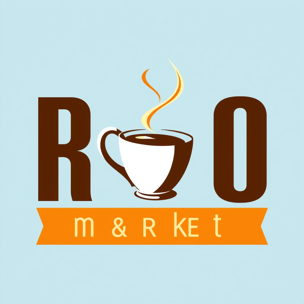 Main logo studio: Make a logo for "RIO" market. include both "rio" and "market". and include a cup of coffee with steam. Must use lightblue background. everything else