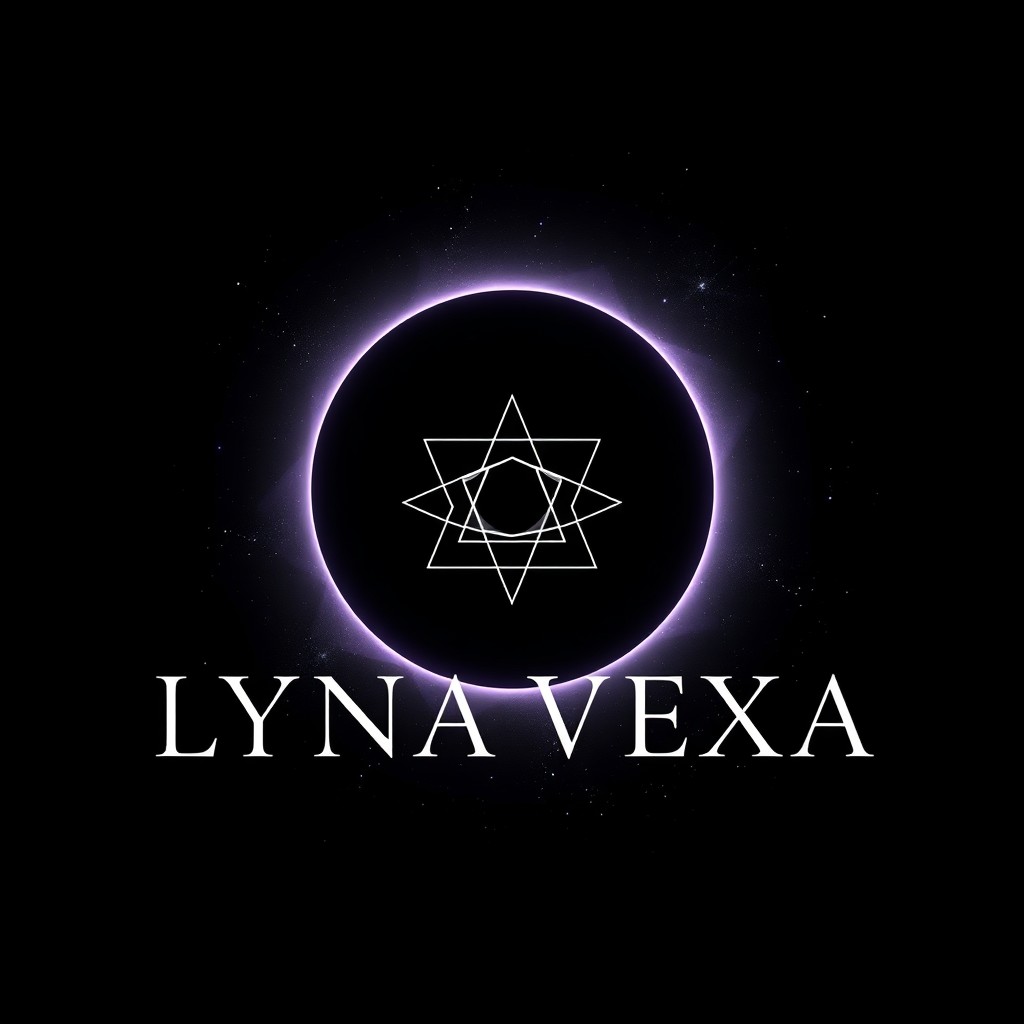 Main logo studio: Create a striking logo for “LYNA VEXA”. A dark celestial atmosphere with a large glowing eclipse, surrounded by delicate cosmic dust and tiny stars. I