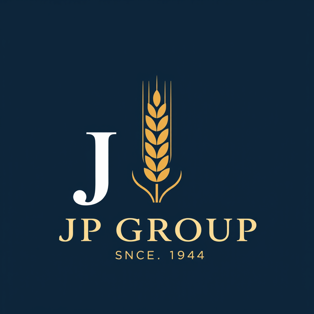 Main logo studio: Modern premium logo for JP Group, custom JP monogram with an elegant wheat stalk, minimal corporate design, flat vector, navy blue and gold, luxury ty