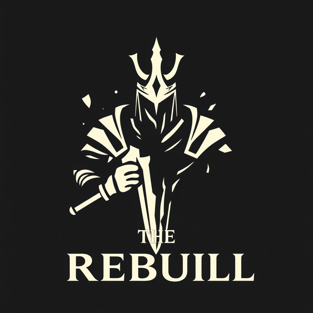 Main logo studio: Iconic luxury logo for **THE REBUILD**. Show a broken, battle-worn soldier actively breaking apart his own damaged armor and former identity, with the