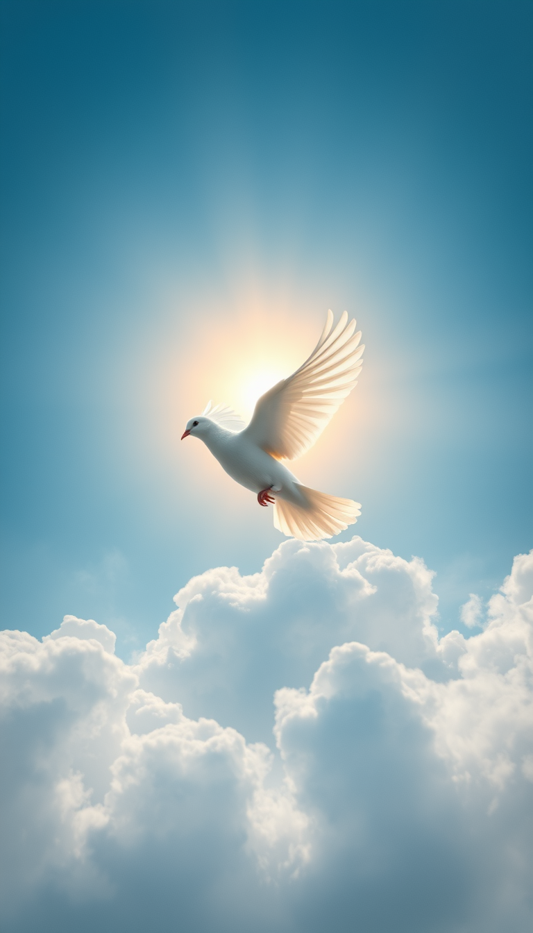 Main logo studio: A white dove flying through a cloudy sky as golden sunlight breaks through, symbolizing peace, hope, love, and humanity’s resistance to war and violen