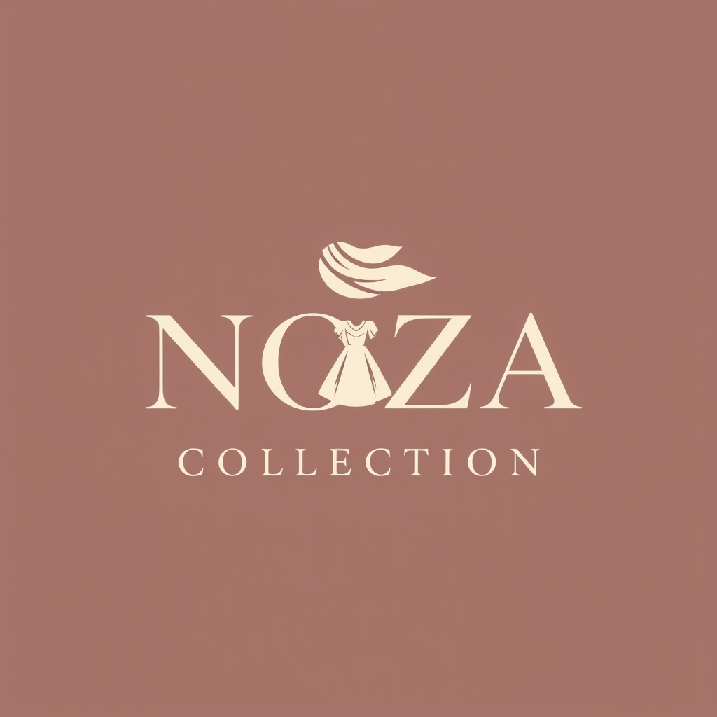 Main logo studio: NOZA COLLECTION — elegant and eye-catching premium fashion boutique logo for modest women’s hijab scarves and children’s clothing. Include a graceful 