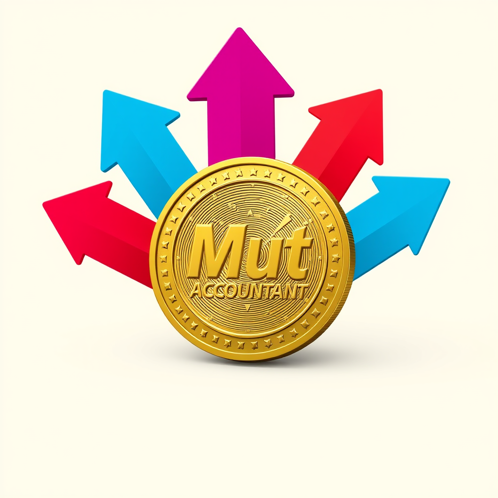 Main logo studio: Big gold coin with up arrows behind along side it blues and red and purple and the words Mut Accountant inside the coin Mut being much larger than acc