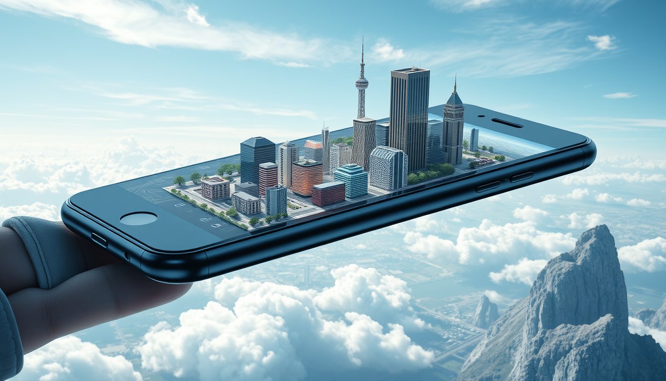 Main logo studio: Surreal giant smartphone displaying a miniature modern city, creative digital technology concept