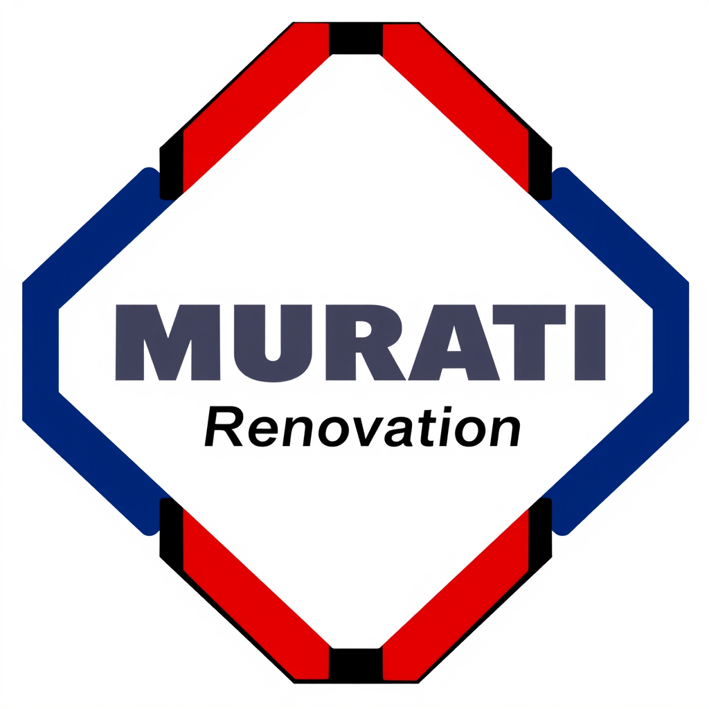 Main logo studio: Logo "MURATI Rénovation" en lettres dorées sur fond blanc parsemé de carreaux octogonaux multicolores en couleurs vives