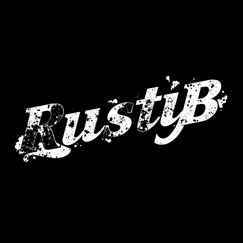 Main logo studio: "RustyB" on black and White, with a black metal font, motorbike style font, no block letters
