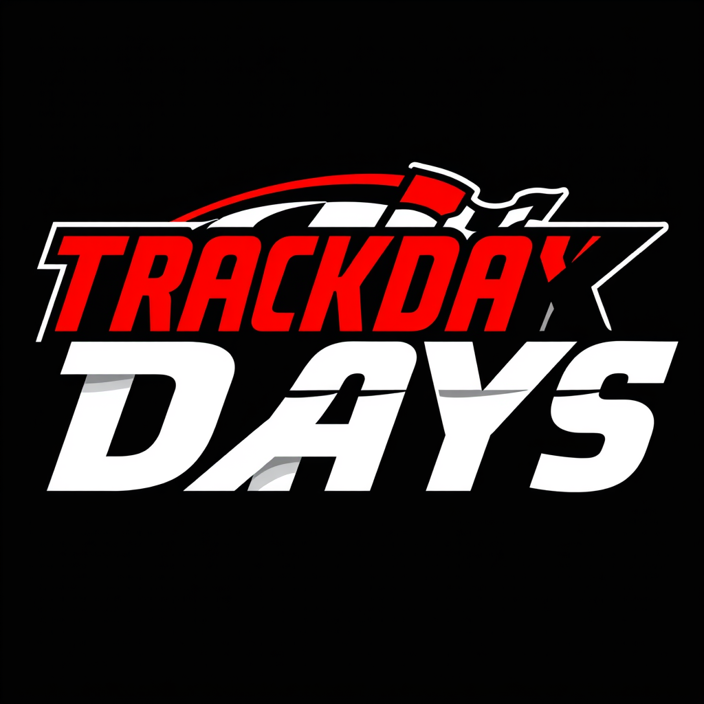 Main logo studio: A bold, modern motorsport logo with “TRACKDAYS” in large italic racing lettering. Use black, white, and bright red, with the letters slightly slanted